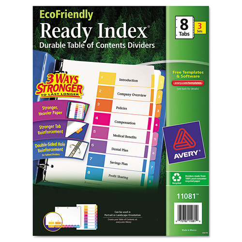 Back to School Sale | Avery 11081 Ready Index 11 in. x 8.5 in. 8-Tab 1 to 8 Customizable Table of Contents Dividers - Multicolor Tabs (3/Pack) image number 0