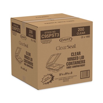 Dart C95PST3 ClearSeal 9.4 in. x 8.9 in. x 3 in. 3-Compartments Hinged-Lid Plastic Containers (200/Carton)