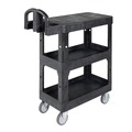 Cleaning Carts | Rubbermaid Commercial 2203280 BRUTE 25.24 in. x 48.63 in. x 46.18 in. 3 Shelves 600 lb Capacity Resin 3-Shelf Heavy-Duty Ergo Flat Utility Cart - Black image number 3