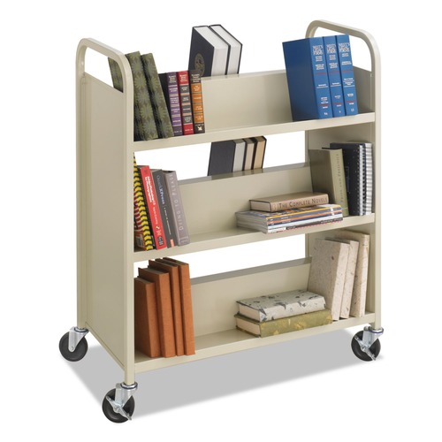Cleaning Carts | Safco 5357SA 36 in. x 18.5 in. x 43.5 in. 300 lbs. Capacity 6 Shelves Metal Steel Double-Sided Book Cart -  Sand image number 0
