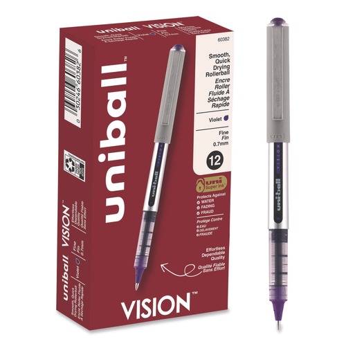 Pens | uni-ball 60382 VISION 0.7 mm Stick Roller Ball Pen - Violet Ink/Silver/Violet/Clear Barrel/Fine (1-Dozen) image number 0