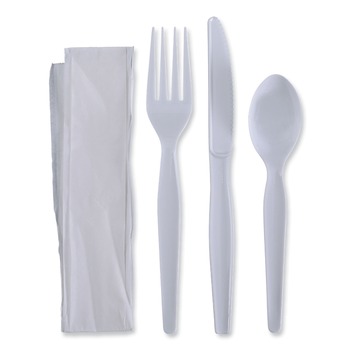 Boardwalk BWKFKTNHWPSWH 4-Piece Heavyweight Fork/Knife/Napkin/Teaspoon Cutlery Kit - White (250/Carton)