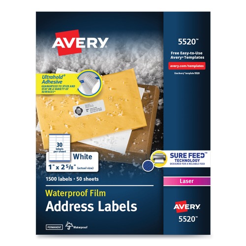 Labels | Avery 05520 Waterproof 1 in. x 2.63 in. Address Labels for Laser Printers - White (30/Sheet, 50 Sheets/Pack) image number 0