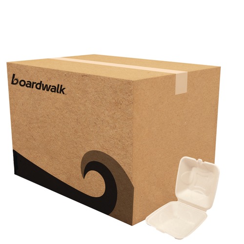 Food Trays, Containers, and Lids | Boardwalk BWKHINGE66NPFA 6 in. x 6 in. x 3.19 in. Sugarcane Bagasse PFAS-Free Food Containers - Tan (500/Carton) image number 0