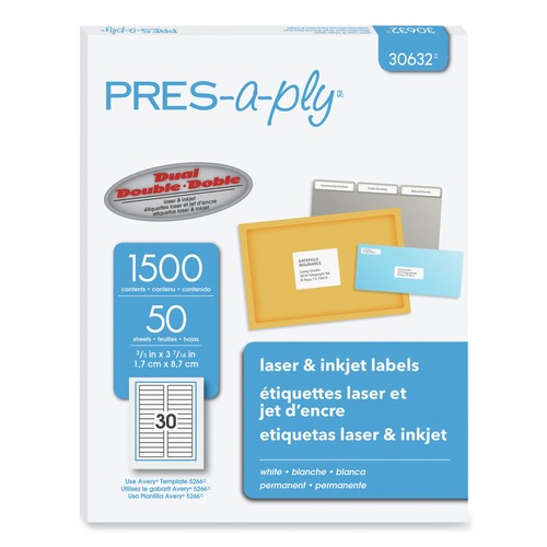 Labels | PRES-a-ply 30632 0.66 in. x 3.44 in. Labels - White (30/Sheet, 50 Sheets/Box) image number 0