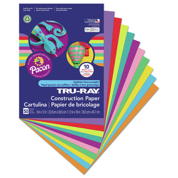 Pacon P102940 9 in. x 12 in. 76 lbs. Text Weight Tru-Ray Construction Paper - Assorted Bright Colors (50/Pack)