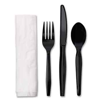 Boardwalk BWKFKTNMWPSBLA 4-Piece Fork/Knife/Napkin/Teaspoon Cutlery Kit - Black (250/Carton)