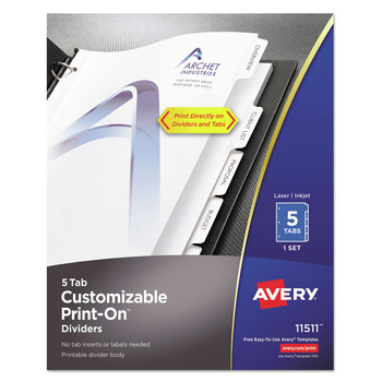 Avery 11511 11 in. x 8.5 in. 5-Tab 3-Hole Punched Customizable Print-On Dividers - White (5/Pack)