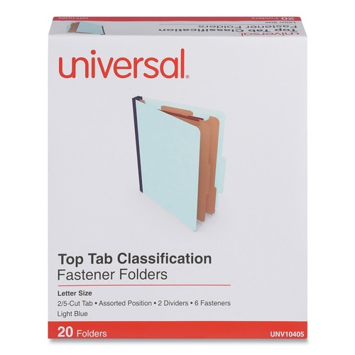 File Folders | Universal UNV10405 2.5 in. Expansion 2 Dividers 6 Fasteners Letter Size Six-Section Pressboard Classification Folders - Light Blue (20/Box) image number 0