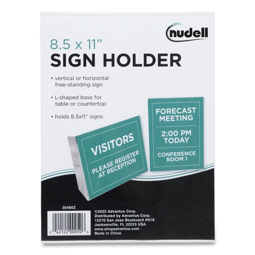 Office Presentation Supplies | NuDell 35485Z Horizontal/Vertical Orientation Side-Load Plastic Slanted L-Shaped Countertop Sign Holder - Clear image number 0