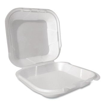 FOOD TRAYS CONTAINERS LIDS | Plastifar 12091 8 in. x 8.56 in. x 2.76 in. Secure Two Tab Latch Poly Bag Foam Hinged Lid Container - White (200/Pack)