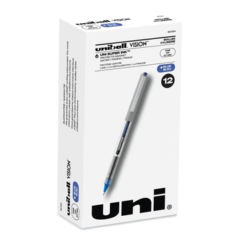 uni-ball 60134 VISION Fine 0.7 mm Stick Roller Ball Pen - Blue Ink Silver/Blue/Clear Barrel (1-Dozen)