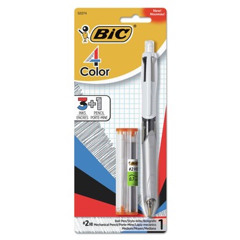 BIC MMLP1-AST 4-Color 3 plus 1 Medium 1 millimeter Pen/0.7 millimeter Pencil Retractable Ballpoint Pen/Pencil - Black/Blue/Red Ink/Gray/White Barrel (1-Set)