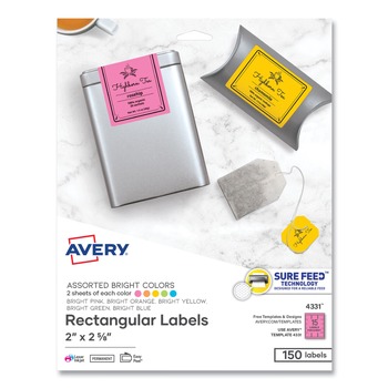 Avery 04331 2 in. x 2.63 in. Printable Color Labels with Sure Feed and Easy Peel - Assorted Colors (15/Sheet, 10 Sheets/Pack)