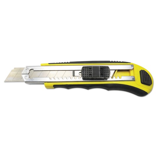 Box Cutters & Utility Knives | Boardwalk BWKUKNIFE25 5.5 in. Plastic/Rubber-Gripped Handle 4 in. Blade Length Retractable Snap Blade Knife - Black/Yellow image number 0