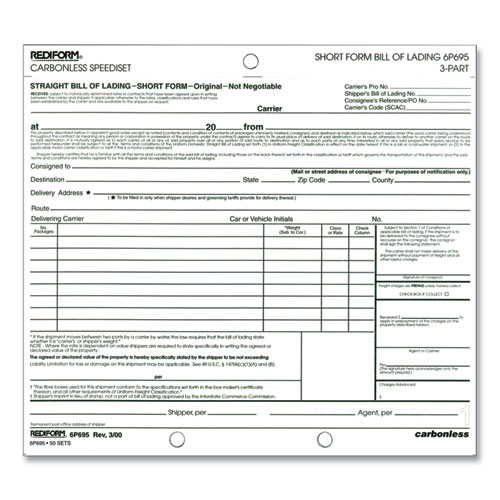 Notebooks & Pads | Rediform 6P695 7 in. x 8.5 in. Short Form Three-Part Carbonless Speediset Bill of Lading (50/Pack) image number 0