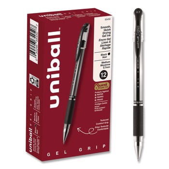 uni-ball 65450 Signo GRIP 0.7 mm Stick Gel Pen - Black Ink/Clear/Black/Silver Barrel/Medium (1-Dozen)