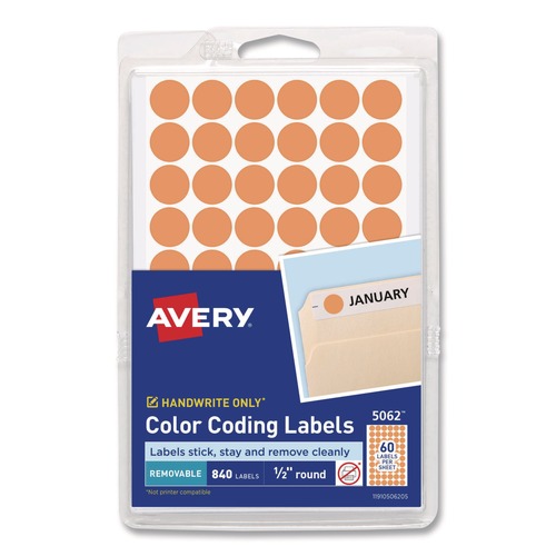 Labels | Avery 05062 0.5 in. Diameter Handwrite Only Self-Adhesive Removable Round Color-Coding Labels - Neon Orange (840/Pack) image number 0