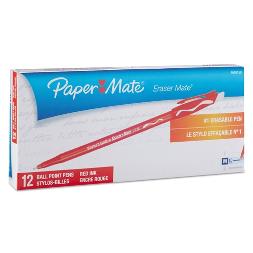 Pens | Paper Mate 3920158 1 mm Eraser Mate Medium Ballpoint Stick Pen - Red Ink/Red Barrel (1-Dozen) image number 0