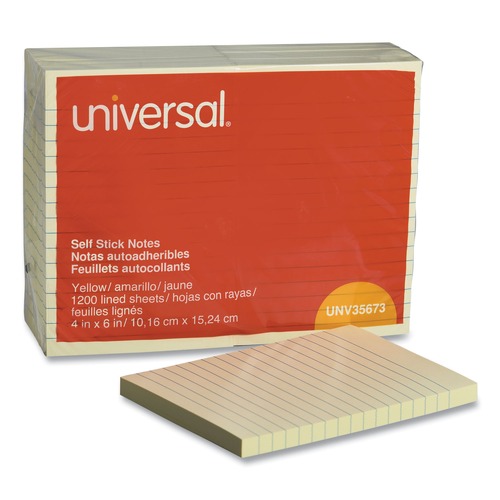 Sticky Notes & Post it | Universal UNV35673 4 in. x 6 in. Lined Self-Stick Note Pads - Yellow (12/Pack) image number 0