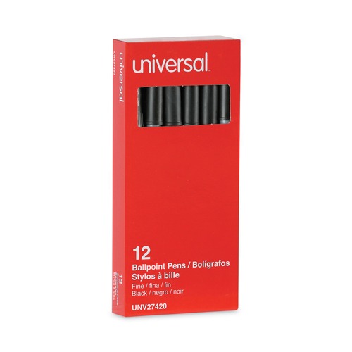 Pens | Universal UNV27420 Fine 0.7 mm Stick Ballpoint Pen - Black Ink, Gray/Black Barrel (1 Dozen) image number 0