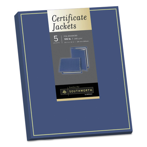 Frames | Southworth PF6-02 12 in. x 9.5 in. 88 lbs. Felt Finish Stock Certificate Jacket - Navy/Gold Border (5/Pack) image number 0
