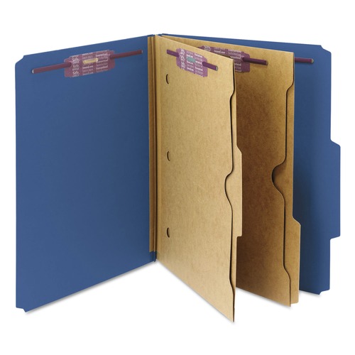 File Folders | Smead 14077 6 SafeSHIELD Fasteners 2 Dividers Letter Size 6-Section Pressboard Top Tab Pocket Classification Folders - Dark Blue (10/Box) image number 0