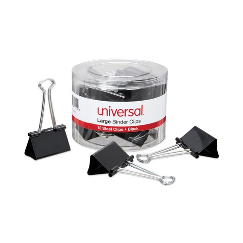 Binding Spines & Combs | Universal UNV11112 Binder Clips with Storage Tub - Large, Black/Silver (12/Pack) image number 0