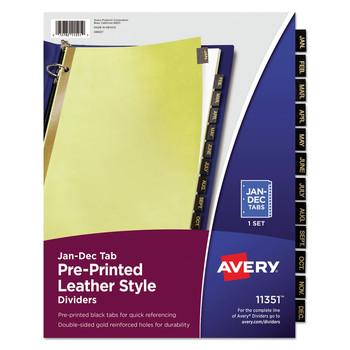 Avery 11351 11 in. x 8.5 in. 12-Tab Jan. to Dec. Preprinted Black Leather Tab Dividers w/Gold Reinforced Edge - Buff (1-Set)