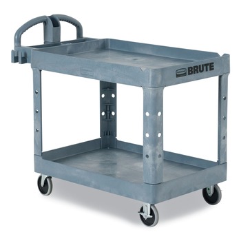 CLEANING CARTS | Rubbermaid Commercial 2192464 BRUTE Heavy-Duty Ergo Handle Utility Cart Plastic Two Shelves 500 lb Capacity 25.5-in x 44-in x 39-in Gray