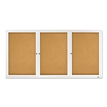 Quartet 2366 72 in. x 36 in. Enclosed Indoor Cork Bulletin Board with 3 Hinged Doors - Tan Surface, Silver Aluminum Frame