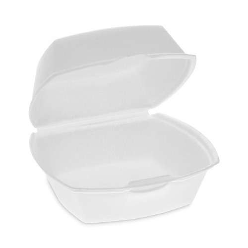 Food Trays, Containers, and Lids | Pactiv Corp. YTH100790000 5.13 in. x 5.13 in. x 2.5 in. Single Tab Lock Foam Hinged Lid Containers - White (500/Carton) image number 0