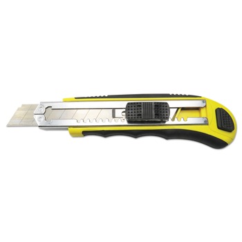 Boardwalk BWKUKNIFE25 5.5 in. Plastic/Rubber-Gripped Handle 4 in. Blade Length Retractable Snap Blade Knife - Black/Yellow