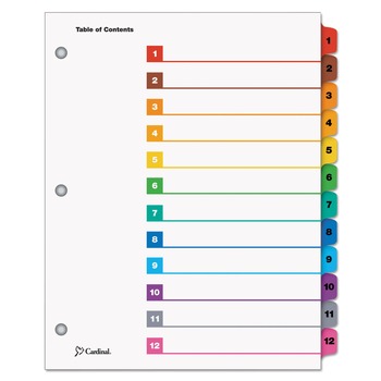 Cardinal 61218 11 x 8.5 OneStep Printable Table of Contents and 1 to 12 Dividers - White/Assorted Tabs (12/Set)
