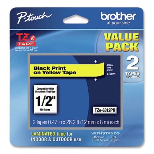 Tapes | Brother P-Touch TZE6312PK Tze Standard Adhesive Laminated Labeling Tape, 0.47-in X 26.2 Ft, Black On Yellow, 2/pack image number 0