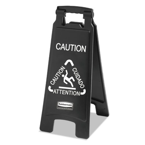 Cleaning Carts | Rubbermaid Commercial 1867505 Executive 2-Sided 10-9/10 in. x 26-1/10 in. Multi-Lingual Caution Sign - Black/White image number 0
