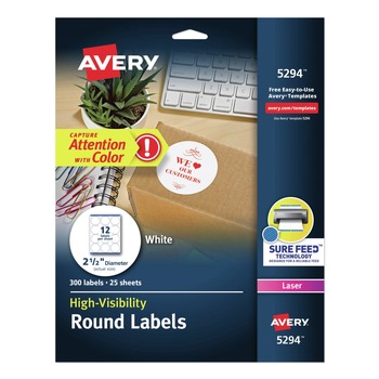Avery 05294 2-1/2 in. Diameter Permanent Laser Print-to-the-Edge ID Labels with Sure Feed - White (300/Pack)