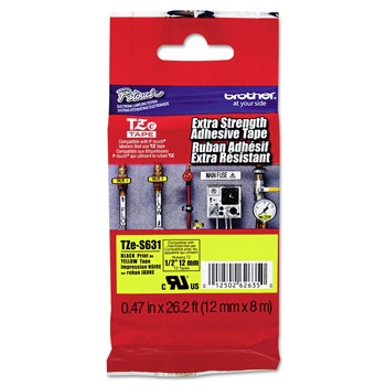 PRODUCTS | Brother P-Touch TZES631 0.47 in. x 26.2 ft. TZe Standard Adhesive Laminated Labeling Tape - Black on Yellow