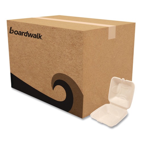 Food Trays, Containers, and Lids | Boardwalk BWKHNGE991CNPFA 9 in. x 9 in. x 3.19 in. Bagasse PFAS-Free Sugarcane Food Containers - Tan (100/Sleeve, 2 Sleeves/Carton) image number 0