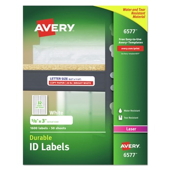 Avery 06577 Durable 0.63 in. x 3 in. Permanent ID Labels with TrueBlock Technology - White (32/Sheet, 50-Sheet/Pack)