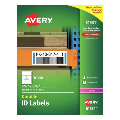 Labels | Avery 61531 Durable 3.25 in. x 8.38 in. Permanent ID Labels with TrueBlock Technology - White (3/Sheet, 50-Sheet/Pack) image number 0