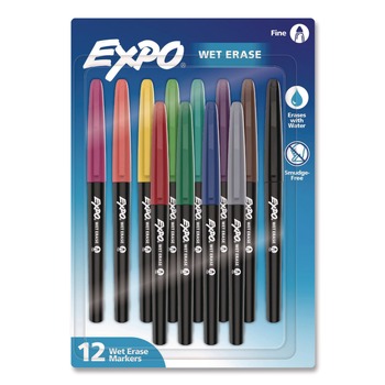 EXPO 2211379 Wet Erase Markers Fine Needle Tip Assorted Colors 12/Pack