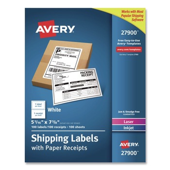 LABELS | Avery 27900 5.06 in. x 7.63 in. Inkjet/Laser Printers Shipping Labels with Paper Receipt Bulk Pack - White (100/Box)