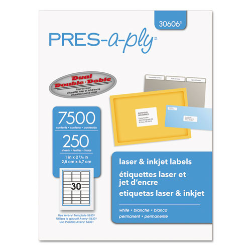 Labels | PRES-a-ply 30606 1 in. x 2.63 in. Laser Printer Labels - White (30/Sheet, 250 Sheets/Box) image number 0