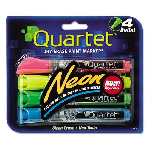 Washable Markers | Quartet 79551-A Neon Bullet Tip Dry Erase Marker Set - Broad/Assorted Colors (4/Pack) image number 0