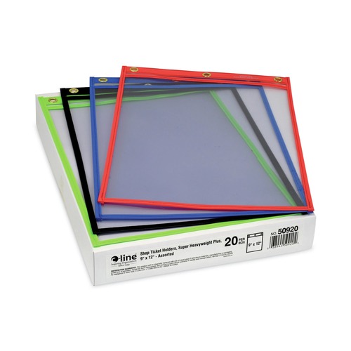 Sheet Protectors | C-Line 50920 Super Heavyweight Plus Top Load 9 in. x 12 in. Insert Stitched Shop Ticket Holders - Clear Front, Assorted Border Colors (20/Box) image number 0
