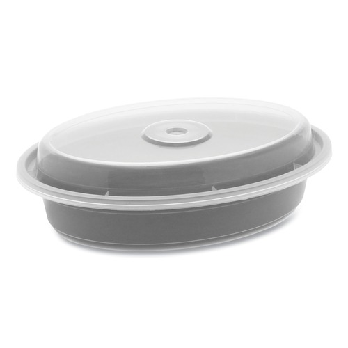 Food Service | Pactiv Corp. OC12B Newspring VERSAtainer 6.8 x 4.8 x 1.45 12 oz Oval Plastic Microwavable Containers - Black/Clear (150/Carton) image number 0