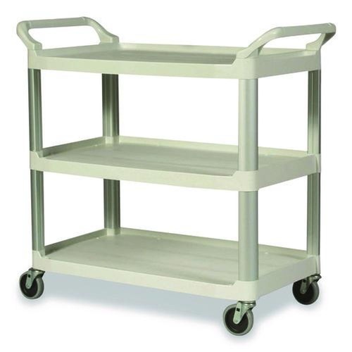 Just Launched | Rubbermaid Commercial FG409100OWHT 40.63 in. x 20 in. x 37.81 in. 300 lbs. Capacity 3 Shelves Plastic Xtra Utility Cart with Open Sides - Off-White image number 0