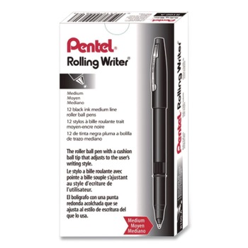 Pentel R100-A Rolling Writer Medium 0.8 millimeter Stick Rollerball Pen - Black Ink/Barrel (1-Dozen)