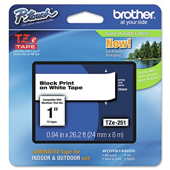 LABELS AND LABEL MAKERS | Brother P-Touch TZE251 0.94 in. x 26.2 ft. TZe Standard Adhesive Laminated Labeling Tape - Black on White